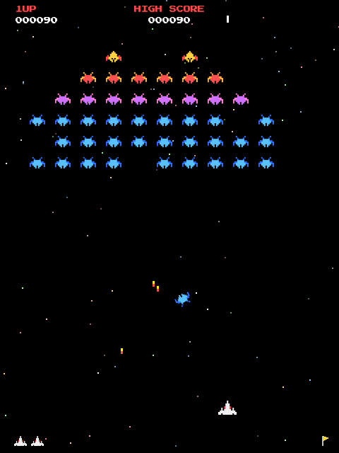 Gameplay from the generated Galaxian clone, with an alien diving out of formation.